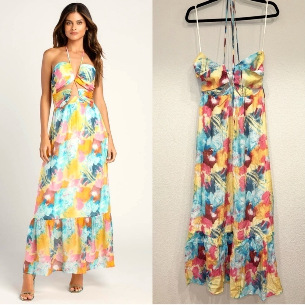 Sz L NWOT Lulus Stunning One Multi Abstract Print Drawstring Halter Maxi Dress